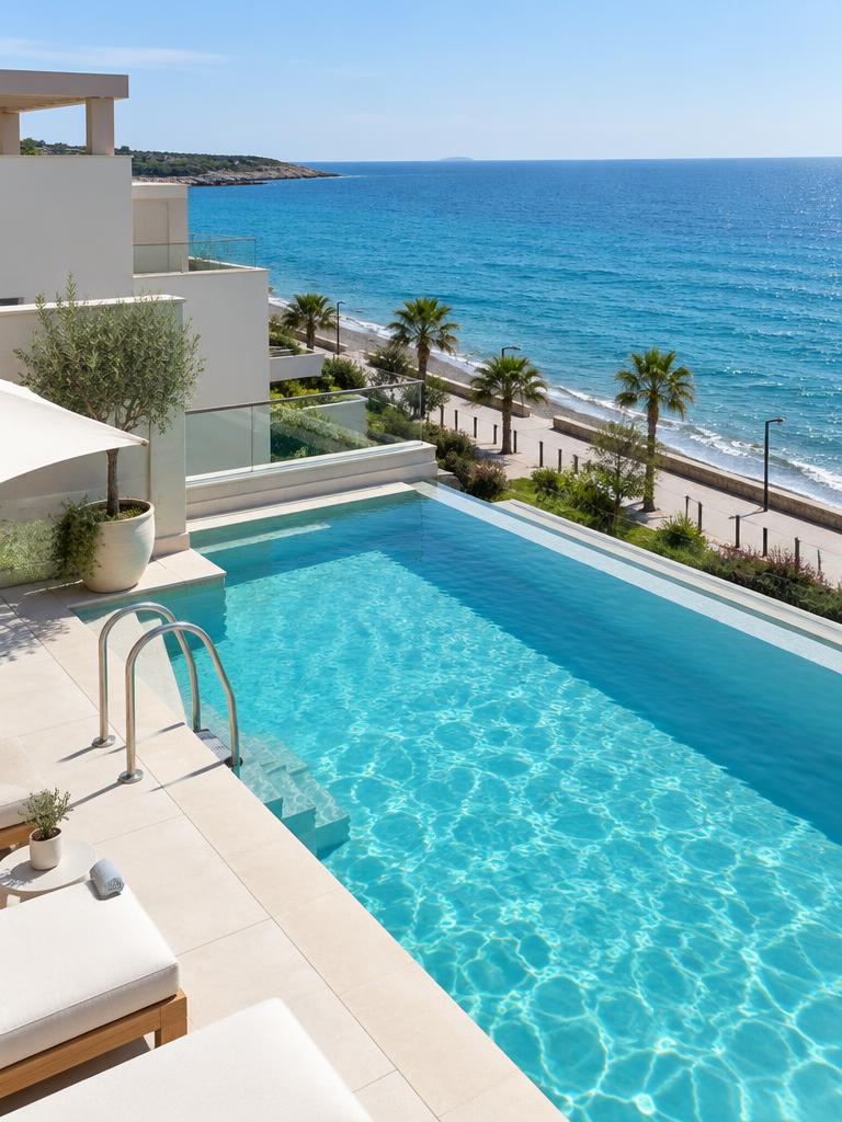 Illustrative rooftop pool at a fictional seaside hotel